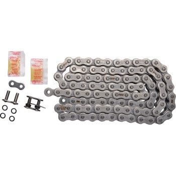The 520 Max O Drive Chain 94 Links by RK is displayed with its connecting link, small parts, and two lubricant packs, all set out on a white background.