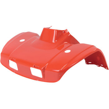 The Front Fender Red by Maier is a glossy, high-density polyethylene ATV or go-kart fender with two square headlight cutouts and multiple mounting holes, shown angled on a white background.