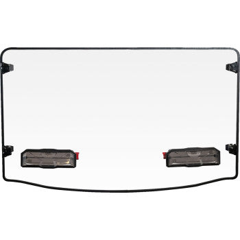 The Polaris Ranger Vented Windshield by Seizmik is a clear rectangular polycarbonate windshield with a thin black frame and two rectangular wipers at the lower corners. It offers UV protection and is shown against a plain white background.