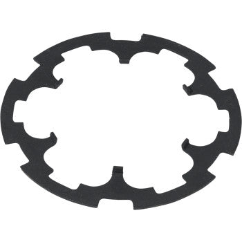 The Polaris Armature Plate 6 Tab by Moose Offroad is a black, flat, circular metal retaining ring with six evenly spaced inward notches—perfect for Polaris ATV billet aluminum carrier or Sprague carrier assemblies.