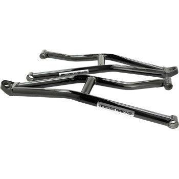 Three black metal Polaris RZR Turbo S Lower Control Arms by Moose Offroad, featuring Moose Racing logos, are stacked on a white background and designed to maximize ground clearance.