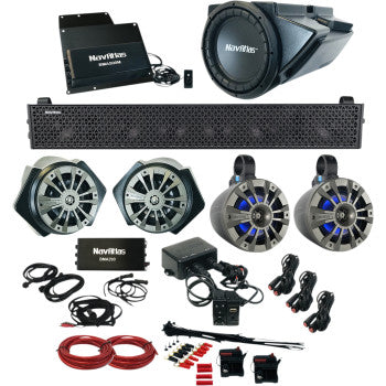 The Polaris RZR Audio Kit Zone 5 by Navatlas includes an amplified speaker system, subwoofer, amplifiers, Bluetooth soundbar, wiring, and installation hardware, all displayed on a white background.