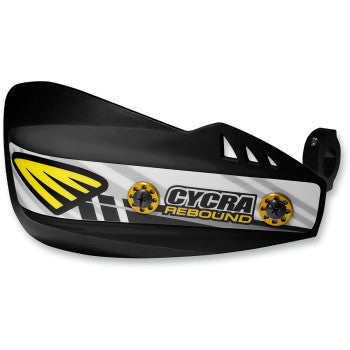 The Rebound Hand Guards Black by Cycra feature white, yellow, and gray graphics with the Cycra logo and "Rebound" in yellow for motorcycle handlebar and hand protection. Includes durable billet aluminum mounts for secure installation.