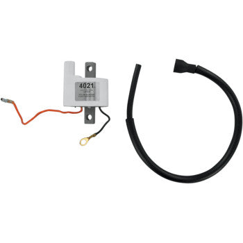 White rectangular Yamaha Hot Shot ignition coil with black rubber spark plug wire and orange and black lead wires.