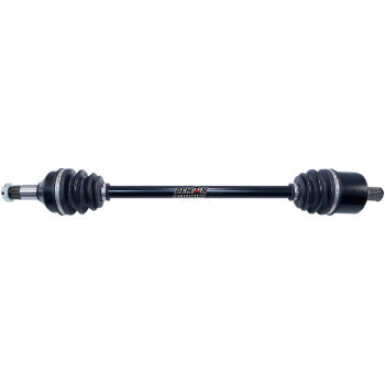 Black heavy-duty axle shaft with rubber protective boots on both ends and metal joints for Polaris Scrambler and Sportsman.