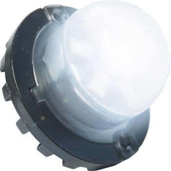 A close-up of the LED Strobe Light White by Kfi Products featuring a round, translucent polycarbonate lens and black plastic base, commonly used in arcade game machines or similar electronic devices.