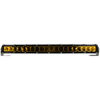 The Light Bar 20" Flood Spot Amber by Heretic features a slim, rectangular black frame with multiple amber LED lights in a row and a durable stainless steel mount—ideal for off-road or automotive use.