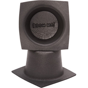 The Speaker Baffles 5 1/4 Round by Dei is a black, textured, closed cell polyethylene foam enclosure with a central circular opening, BOOM MAT embossing, and an angled, flared base that dampens vibration when mounting speakers.