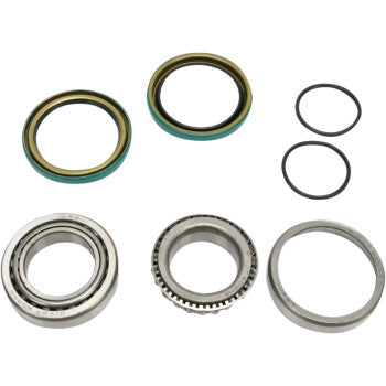 The Polaris Wheel Bearing Kit Rear by Pivot Works includes two circular seals, two O-rings, a double-sealed ball bearing, a tapered roller bearing, and a metal ring on a white background—perfect for enhanced steering control.