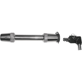 The Stainless Receiver Lock 5/8" by Trimax features a textured steel cylindrical pin, removable keyed lock mechanism, and strong head pull strength for enhanced security.
