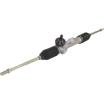 The Steering Rack by Moose Offroad is a metal rack and pinion assembly with rubber boots and tie-rod ends on both sides, designed for automotive steering systems to convert rotational motion into linear motion.