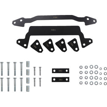 The Kawasaki Lift Kit by Demon includes black metal brackets, plates, multiple screws, bolts, washers, and two labeled metal strips—all neatly arranged on a white background.