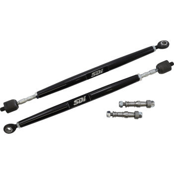 Polaris RZR Tie Rods by Sdi are shown in black with metal ends and SDI logos, accompanied by metal bolts and fittings on a white background, designed for enhanced durability in tough applications.