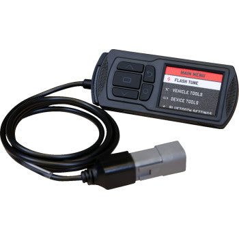 Black handheld ECU tuner with a red-accented screen and four control buttons, connected to a gray and black cable plug.