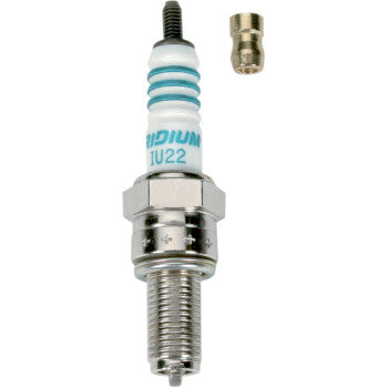 The Denso Iridium Spark Plug IU22 features a white insulator, metal threads, and a brass connector cap above it, all designed for improved firing performance and high temperature resistance, shown on a plain white background.