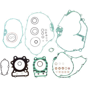 The Honda Complete Gasket Kit by Athena features green and black gaskets, including a head gasket, plus multiple black and copper O-rings—perfect for engine rebuilds. All components are arranged on a white background.