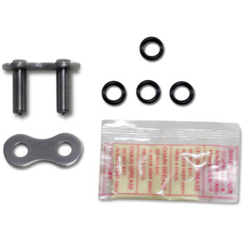 Metallic gray X3 520 V O-ring connecting link rivet with black rubber O-rings and clear packet of lubricant.