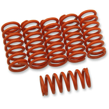 Nine Clutch Spring Kit by Barnett red heavy duty springs are grouped together, with one identical red coil spring placed separately in front on a white background.