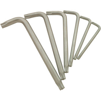 The Torx Key Set by Cruztools includes six silver L-shaped star (Torx) wrenches made from chrome vanadium, perfect for Torx fasteners on European motorcycles, shown fanned out on a white background.