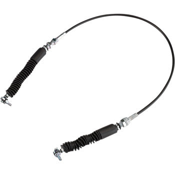 The Polaris UTV Shifter Cable by Moose Offroad is a flexible black cable assembly with stainless steel end fittings and protective rubber boots, designed for enhanced corrosion resistance in off-road vehicle applications.