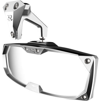 The Can-Am Maverick X3 Halo R Rear View Mirror - Rectangle Silver by Seizmik features shatter-resistant safety glass, a sleek metallic frame, and an angular mounting bracket for vehicles or motorbikes, shown against a white background.
