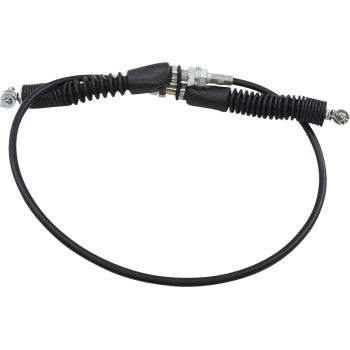 Black flexible Polaris UTV shifter cable with metal connectors and rubber accordion boots.