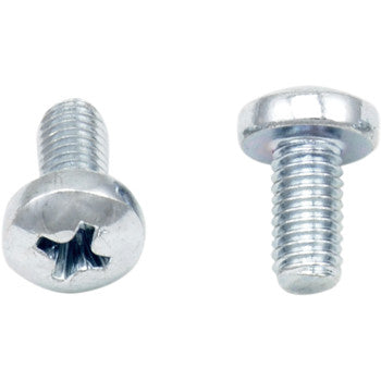 Two Screws Pan M5 x 10 from Bolt's 10 Pack—perfect for motorcycle hardware or replacements: one rests flat, revealing the Phillips drive, while the other stands upright to show its threaded shaft and round pan head.