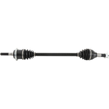 Black metal Can Am Maverick front right axle kit with rubber boots and silver joints on each end.