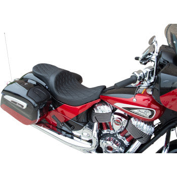 A red and chrome motorcycle features the Indian Low Profile Seat - Double Diamond with Black Stitching by Drag Specialties and a black side storage bag, shown on the left side. Compatible with Indian 2014-2022 models.