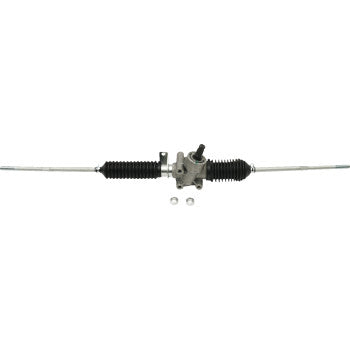 The Steering Rack by Moose Offroad features black rubber boots on both ends, outward-extending tie-rod ends, a central metal housing, and two mounting bolts located beneath the assembly.