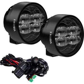 Pair of round black off-road fog beam lights with clear lenses and six LED bulbs each, including black wiring harness and.
