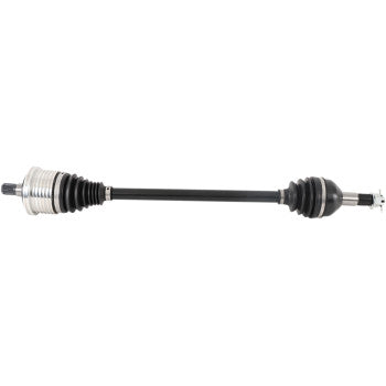 The Can Am Maverick Axle Kit Complete 8 Ball Extreme Duty Rear Left & Right by All Balls features chromoly shafts with rubber boots, precision ball bearings, metal joints, and a black center rod, shown isolated on a white background.