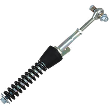 The Stabilizing Rod Front by Camso is a metal shock absorber with a coiled black spring, silver shaft, and mounting brackets on each end, serving as a key component in car suspension.