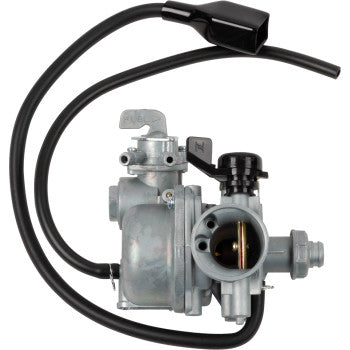 Silver metal carburetor with black adjustment knob and attached black fuel hoses.