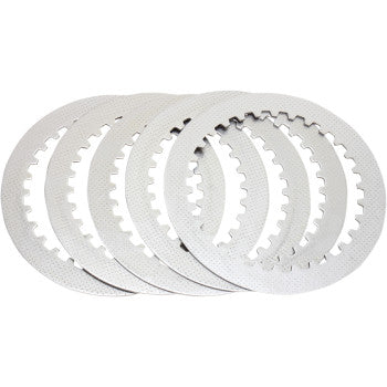 Five Clutch Steel Plates by Prox, featuring durable textured metallic surfaces and internal notches on the inner edge, are fanned out on a white background—quality OEM plates designed for reliability.