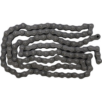 The 428 SR Heavy Duty Non Sealed Chain by Ek, featuring 120 interconnected links with solid bushings and rollers, is displayed in a loose zigzag pattern on a white background.