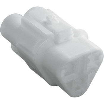 The MT Series Connector 3 Position Female by Namz is a white plastic connector with a rectangular base, rounded edges, three internal slots for pins, and a top clip for secure attachment. Its compact design suits various custom applications.