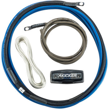 The Amplifier Installation Kit 8 Gauge by Kicker includes blue, black, and gray Hyper-Flex power cables, clear K Series speaker wire, and a KICKER-labeled AFS fuse holder displayed on a white background.