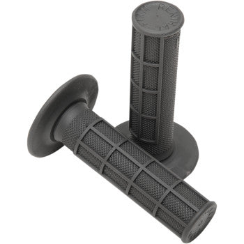 Two black Renthal Half Waffle Grips Firm with textured rubber surfaces and flared ends, made for 7/8" handlebars, are shown at different angles on a plain white background to enhance grip and reduce blisters.
