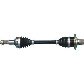 Heavy-duty black metal rear left CV axle with rubber boots and silver flanges for Yamaha Grizzly ATV.