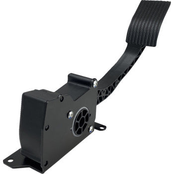 Black metal Polaris accelerator pedal assembly with textured footpad and mounting bracket.