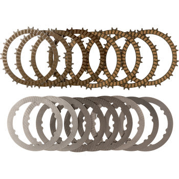 The Clutch Plate Set Raptor 250 by Prox includes ten brown friction plates and eight silver steel clutch plates, perfect for OEM use or clutch replacement, displayed side by side on a white background.
