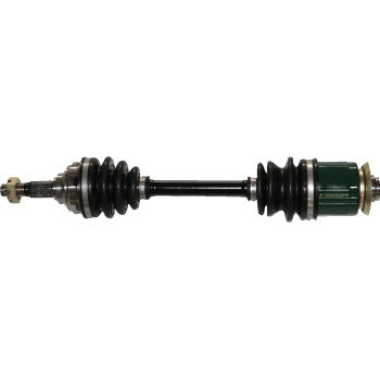 Black metal CV axle with accordion-style rubber boots on both ends and green protective casing on one joint.