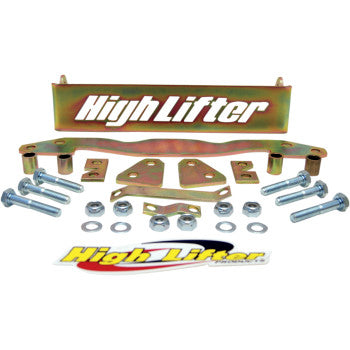 The Lift Kit Front Back 2.00 by High Lifter includes metal brackets, bolts, nuts, a logo sticker, and a branded metal plate—perfect for increased clearance or big wheel kits on your ATV.