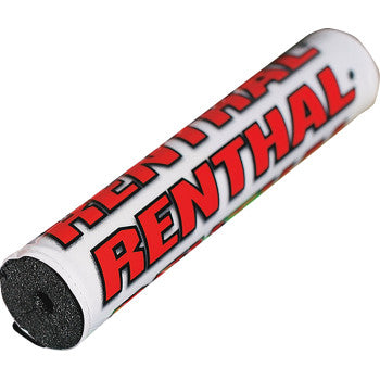 White cylindrical crossbar pad with bold red RENTHAL logo printed along its length, made of foam material.