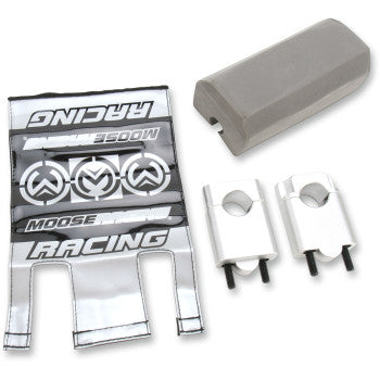 The Universal Handlebar Clamp Kit 50 mm Universal by Moose Offroad includes a silver handlebar pad, two bar mounts with bolts for oversized handlebars, and a black-and-silver Moose Racing branded bar pad cover.
