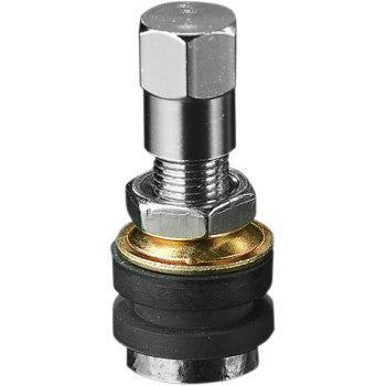 Close-up of the Valve Stem Straight Chrome by Parts Unlimited, featuring a hexagonal top, threaded shaft, brass washer, and black rubber gaskets—designed for use in tubeless tires or automotive applications.