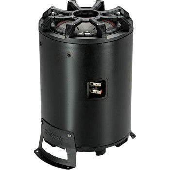 The Kicker Weatherproof Subwoofer 8" 300W 2 Ohm features a black cylindrical design, base handle, top protective frame, side speaker wire connections, and is weather-proof—perfect for delivering powerful car audio performance.