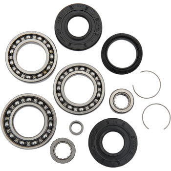 The Differential Bearing Seal Kit Front Honda TRX by Moose Offroad includes ball bearings, rubber seals, metal rings, and retaining clips—essential components for differential maintenance in machinery and automotive repair.