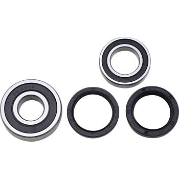 Four circular parts from the Honda TRX Wheel Bearing Kit Rear by Epi are arranged on a white background, featuring two high-speed bearings with black inner rings and two black rubber double lip seals.